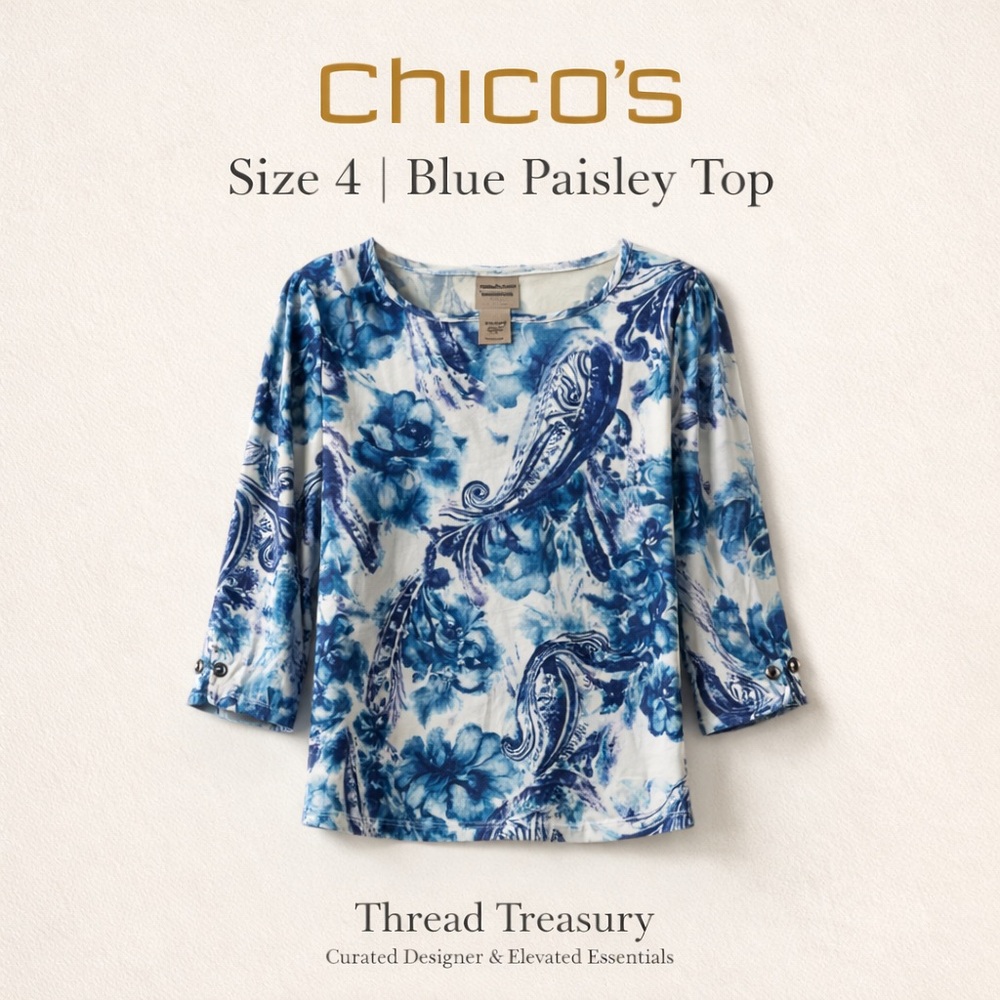 Chico's Pristine Blue Purple & White Paisley Floral Top 3/4 Sleeve Size 4